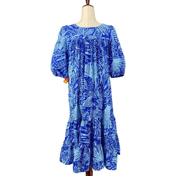 Vtg 80s 90s Two Potato Laguna Beach Midi Tiered Muumuu Dress XS Cotton Blue NOS - Picture 3 of 16